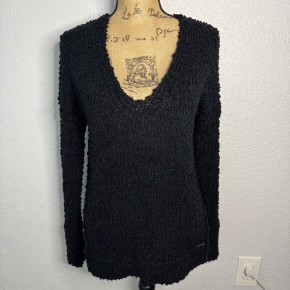 Abercrombie Fitch V-Neck Teddy Tunic Sweater Black Size S Cozy Lounge Classic - Picture 1 of 8
